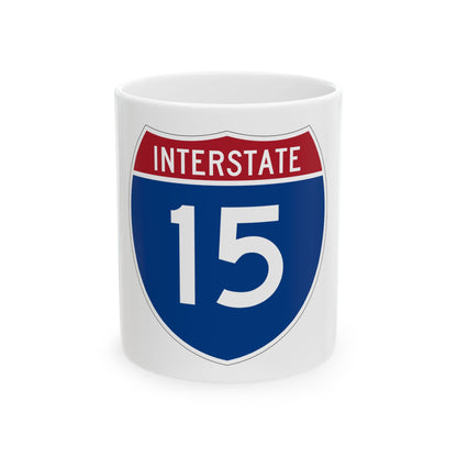 Blue and red Interstate highway shield reading INTERSTATE above the large white route number 15.