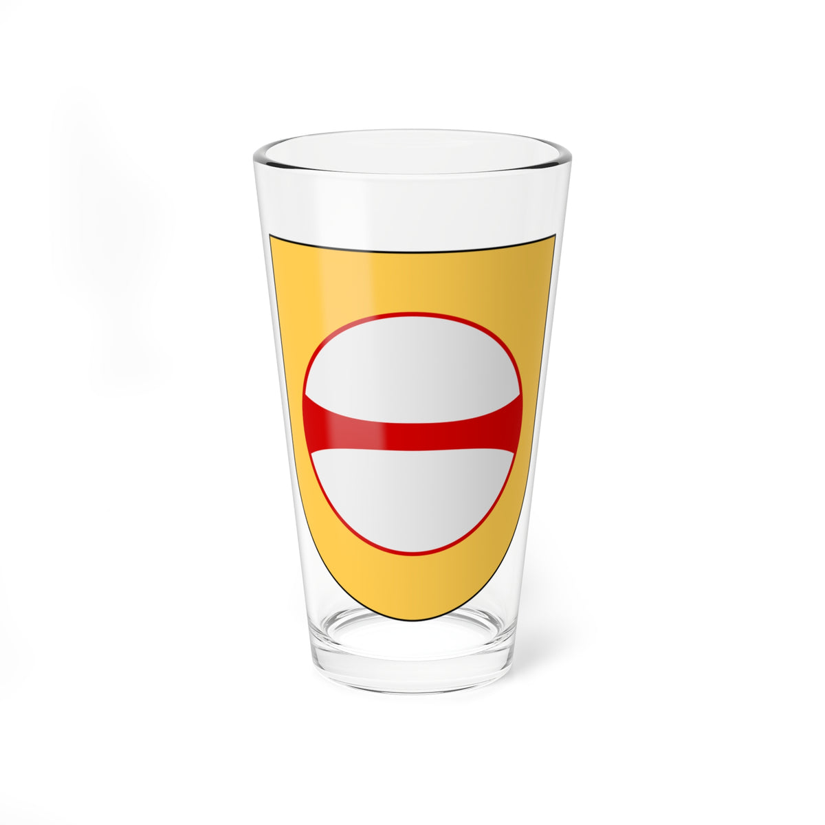 Red horizontal band across a light grey roundel at the centre of a gold heraldic shield.