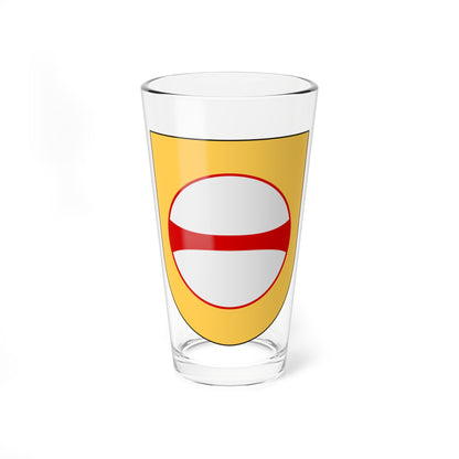 Red horizontal band across a light grey roundel at the centre of a gold heraldic shield.