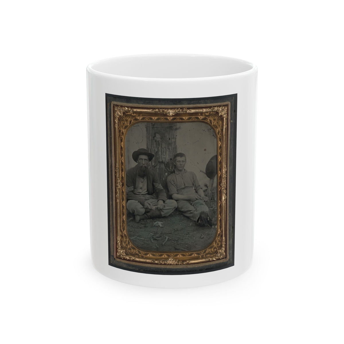 Unidentified Soldier In Union Uniform And Unidentified Young Man Sitting On The Ground And Whittling (U.S. Civil War) White Coffee Mug