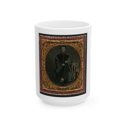 Private William P. Haberlin Of Battery B, Pennsylvania Light Artillery In Uniform With Shoulder Scales And Great Coat (U.S. Civil War) White Coffee Mug