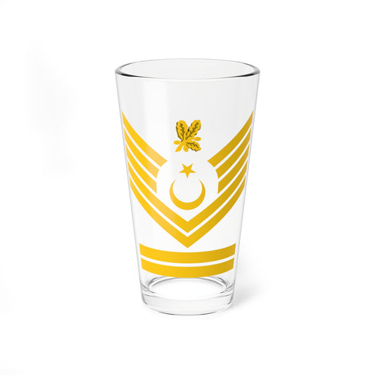 Gold flat vector emblem of stacked chevron stripes around a crescent and star, oak leaves above and two bars below.