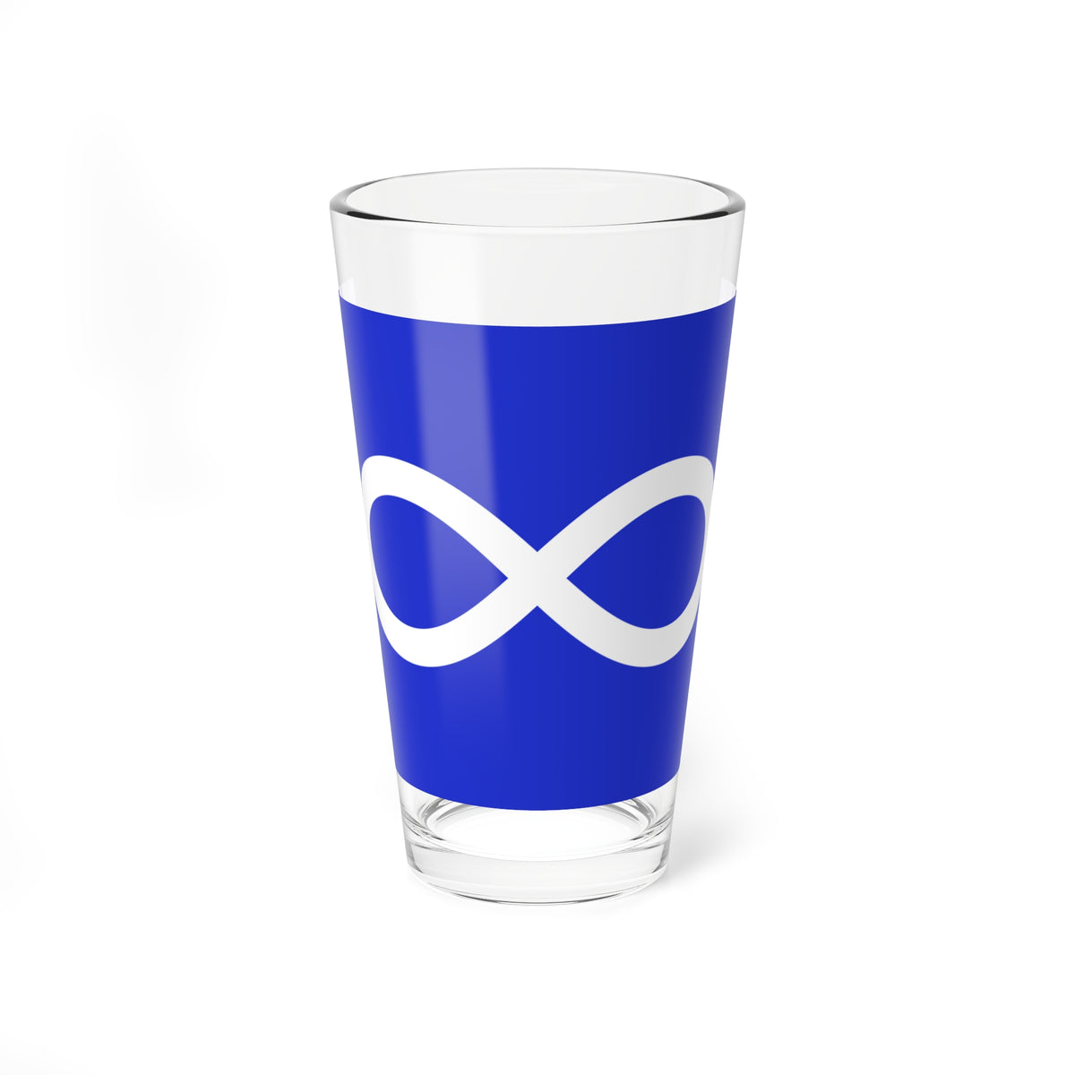 A clean white infinity symbol centred in the middle of a solid royal blue background, minimalist and flat.