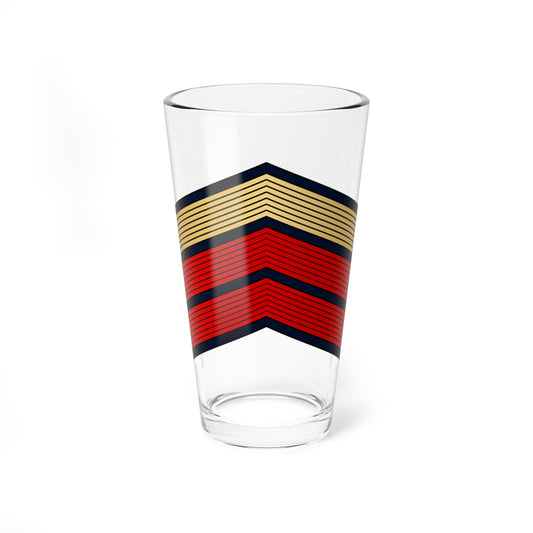 Three stacked chevrons with fine parallel stripes, tan on top and red below, edged in navy on white.