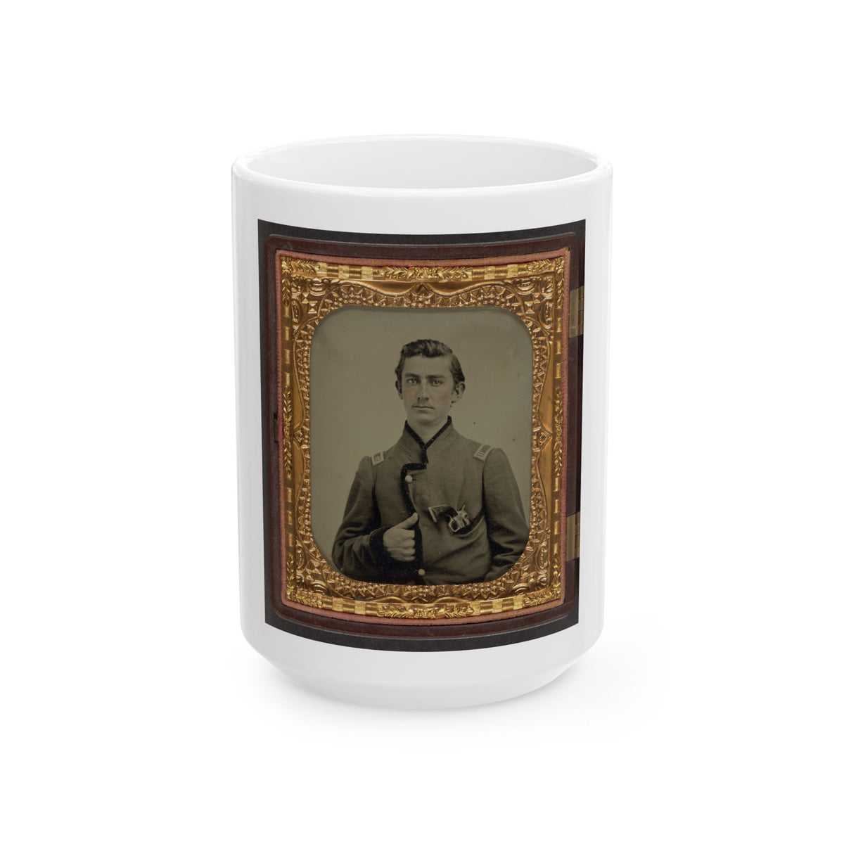 Unidentified Soldier In Union Captain's Uniform With Revolver In Breast Pocket (U.S. Civil War) White Coffee Mug