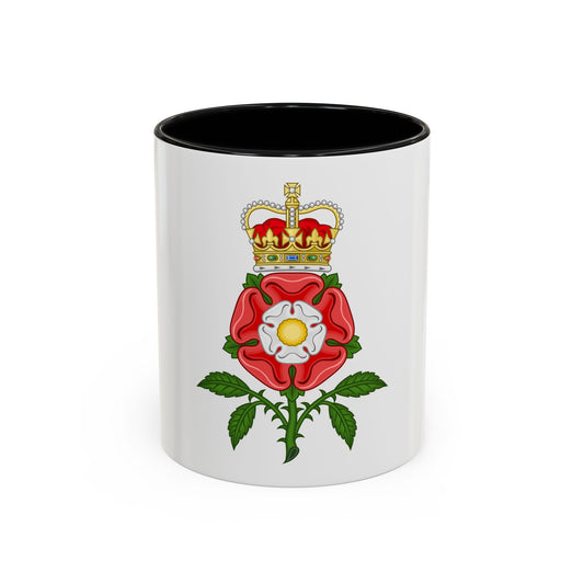 A red and white Tudor rose with a gold centre and green leaves, topped by a gold crown set with pearls.