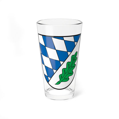 Heraldic shield split diagonally, with a blue and white lozenge pattern on one side and a green oak leaf on white.