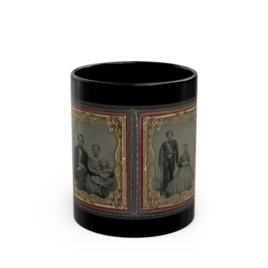 Sepia two-panel tintype in a gilt case showing a seated family and a young rifleman beside a woman.