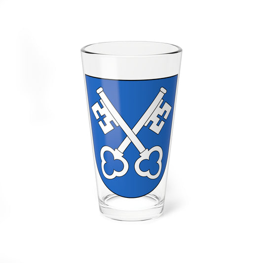 Two white keys crossed in saltire with trefoil bows on a solid blue heraldic shield.
