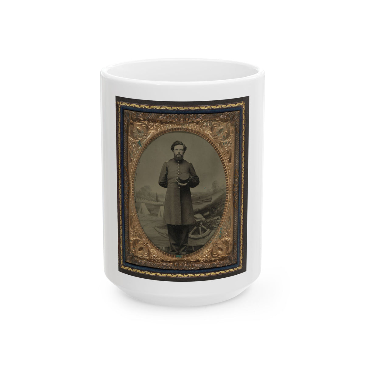 Unidentified Soldier In Union Frock Coat With Hat In Front Of Painted Backdrop Showing Military Camp Scene (U.S. Civil War) White Coffee Mug