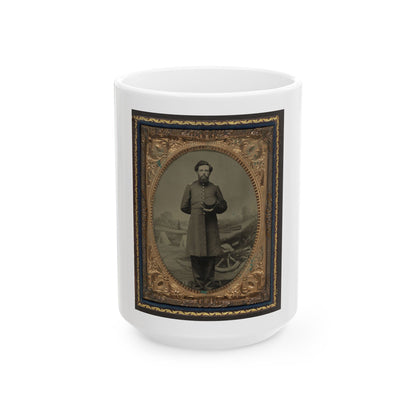 Unidentified Soldier In Union Frock Coat With Hat In Front Of Painted Backdrop Showing Military Camp Scene (U.S. Civil War) White Coffee Mug