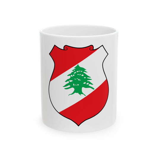 Shield divided diagonally in red and white bands with a green cedar tree at its centre, in flat vector style.