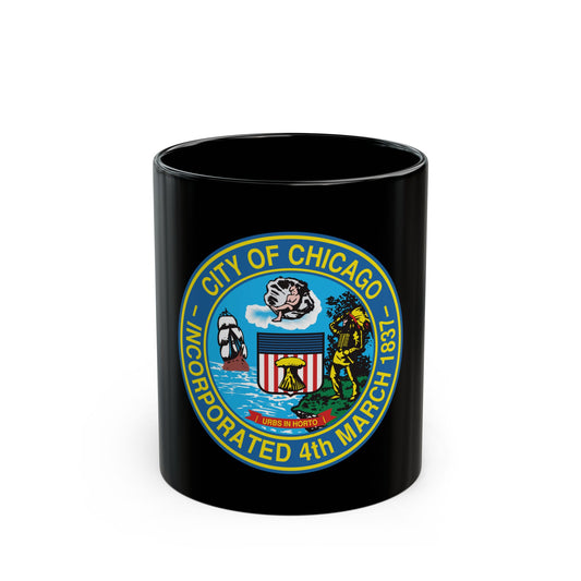Circular seal of Chicago, Illinois, with a sailing ship, a striped shield and a figure in blue, yellow and red.