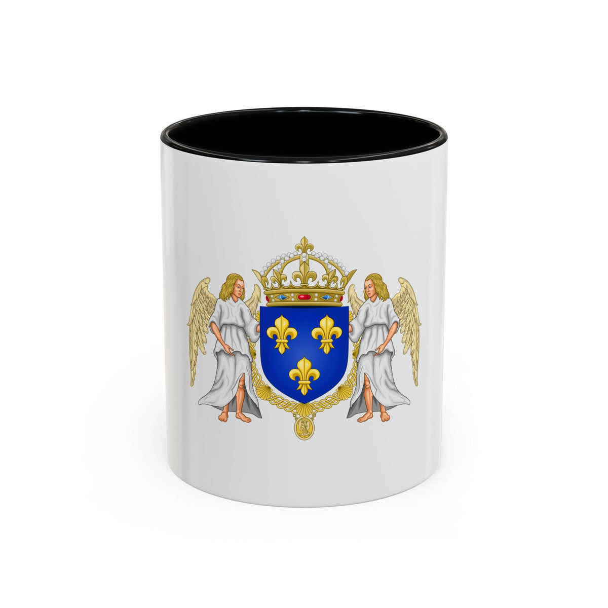 Blue heraldic shield with three gold fleurs-de-lis under a crown, held by two white-robed winged angels.