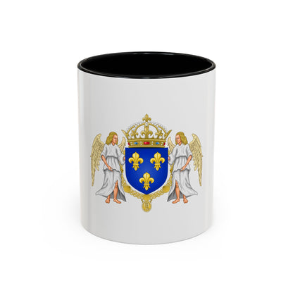 Blue heraldic shield with three gold fleurs-de-lis under a crown, held by two white-robed winged angels.