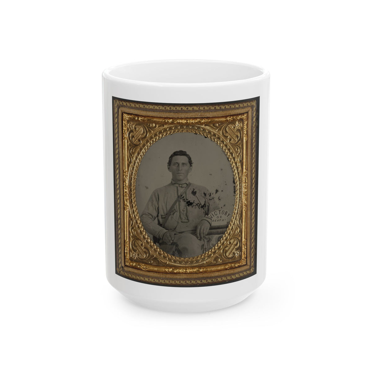 Private Silas A. Shirley Of Co. H, 16th Mississippi Infantry Regiment, With Books And Sign Reading Victory Or Death! (U.S. Civil War) White Coffee Mug
