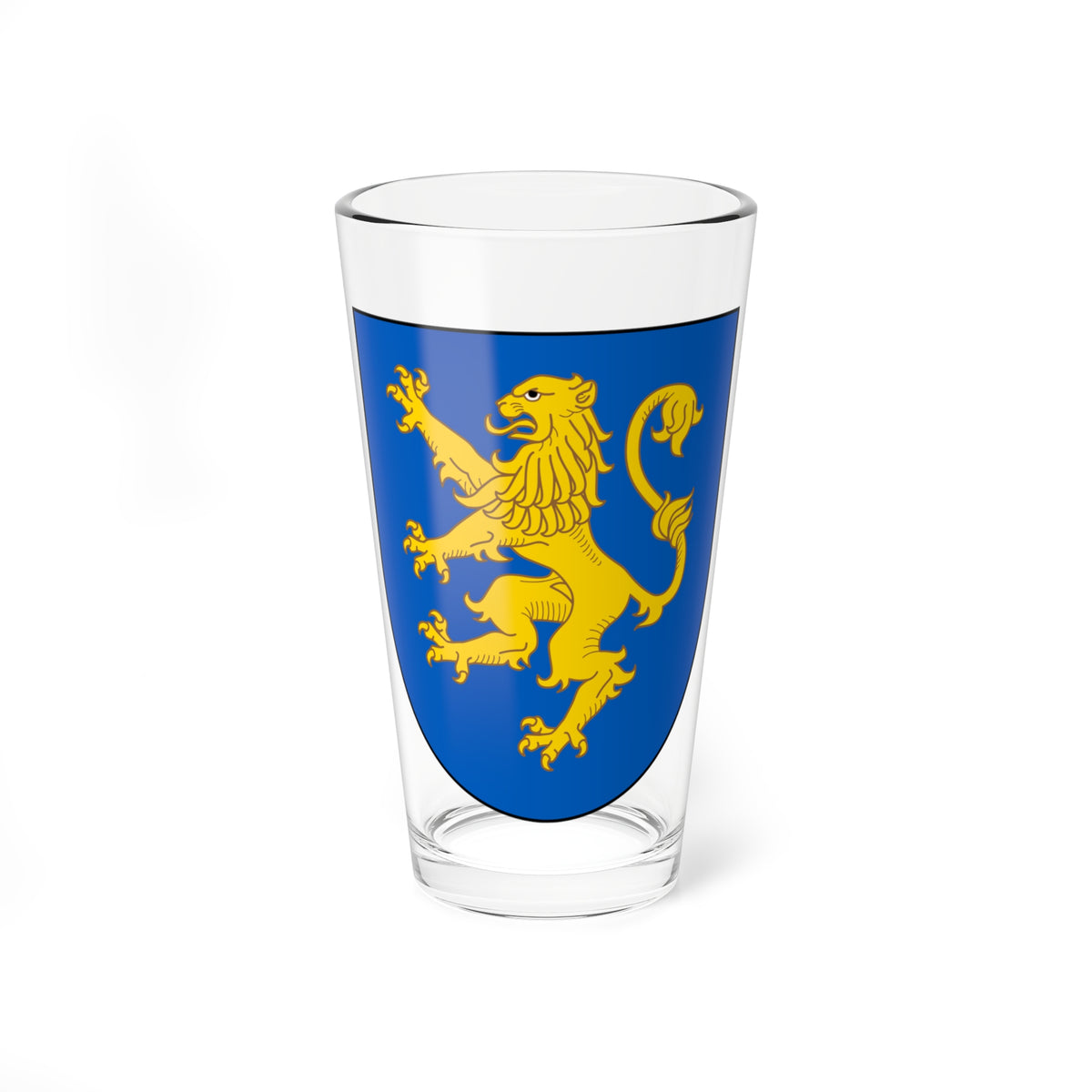 Heraldic royal blue shield with a golden lion rampant, claws raised and tail curling over its back.