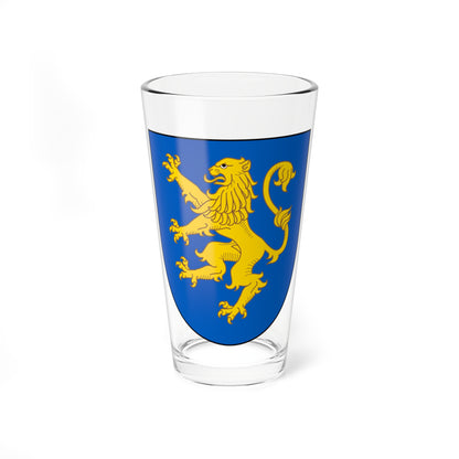 Heraldic royal blue shield with a golden lion rampant, claws raised and tail curling over its back.