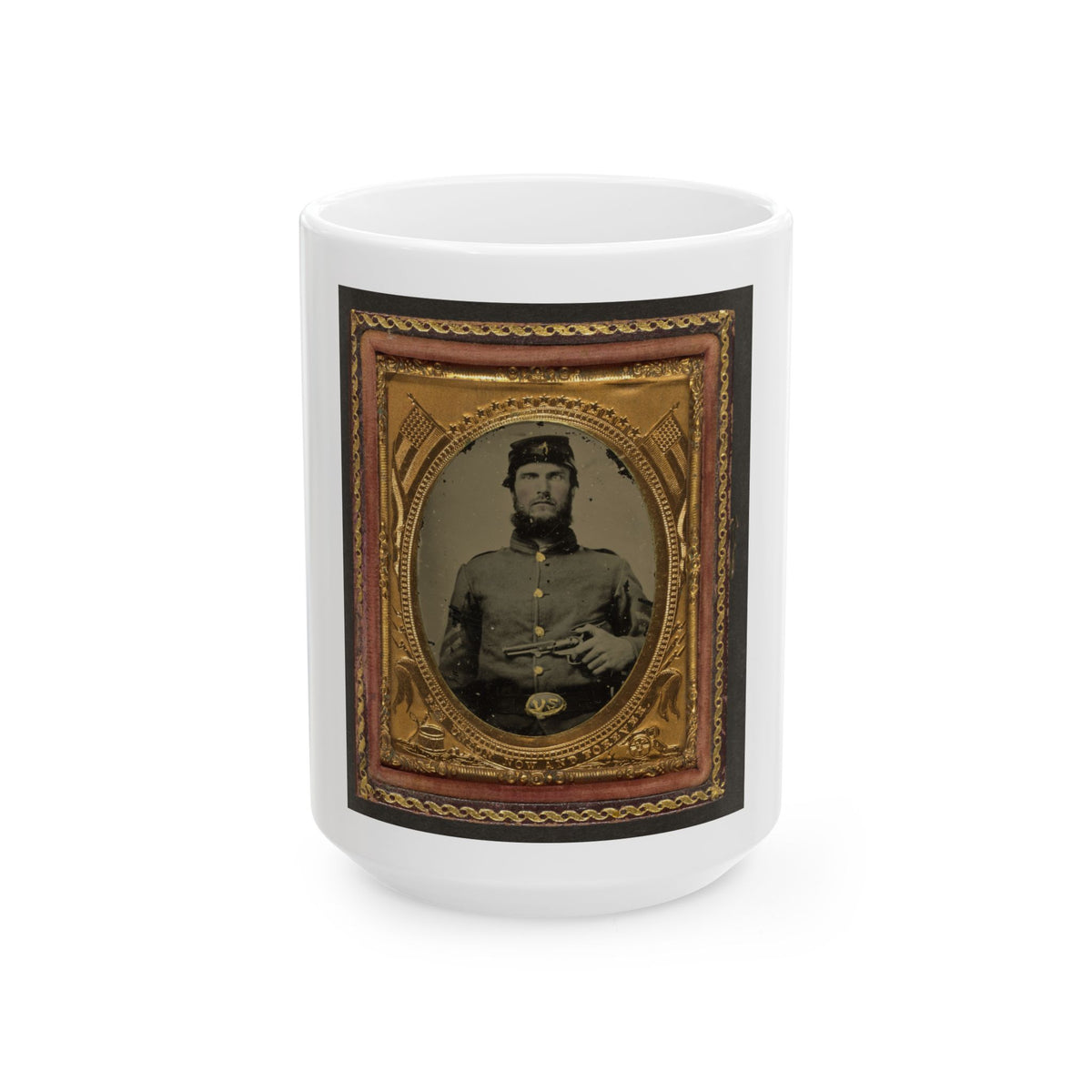 Unidentified Soldier In Union Corporal's Uniform Holding Revolver To Chest (U.S. Civil War) White Coffee Mug