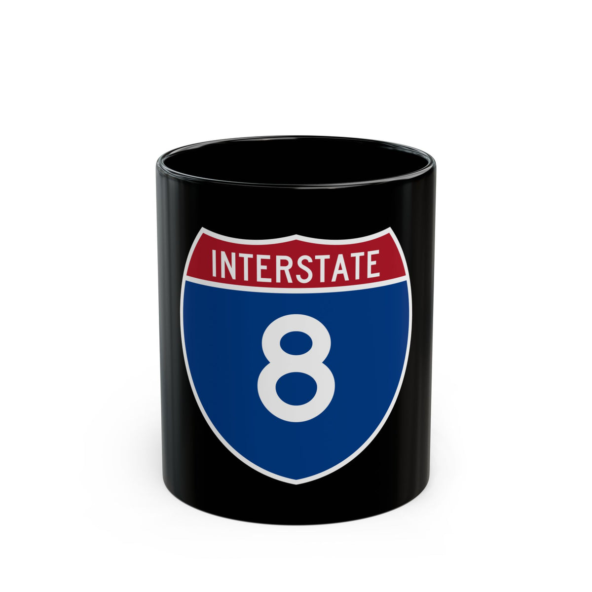 Flat vector US Interstate 8 route shield with a red top band reading INTERSTATE and white numerals 8 on navy.