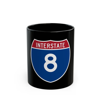 Flat vector US Interstate 8 route shield with a red top band reading INTERSTATE and white numerals 8 on navy.