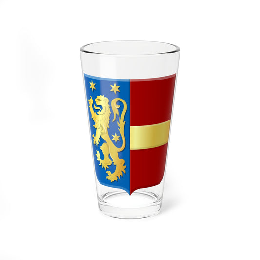 Lion rampant and three yellow stars on a blue heraldic field, beside a red half crossed by a gold band.