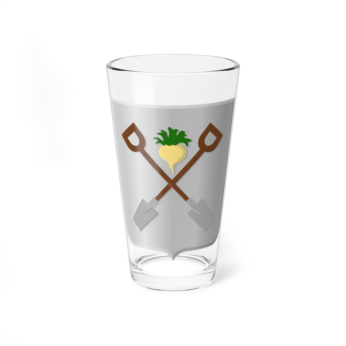 Silver heraldic shield with two crossed brown spades and a yellow root vegetable with green leaves above them.