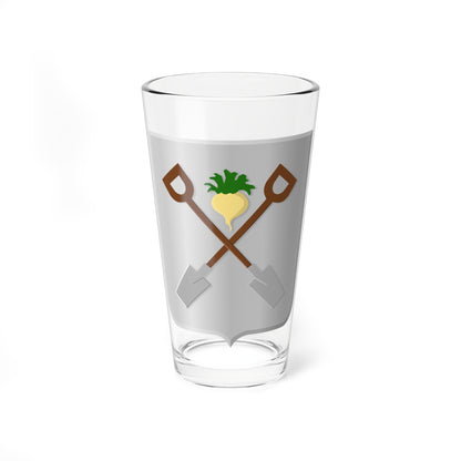 Silver heraldic shield with two crossed brown spades and a yellow root vegetable with green leaves above them.