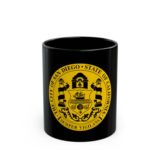 Gold and black circular civic seal reading The City of San Diego, State of California, with a ship and bell.