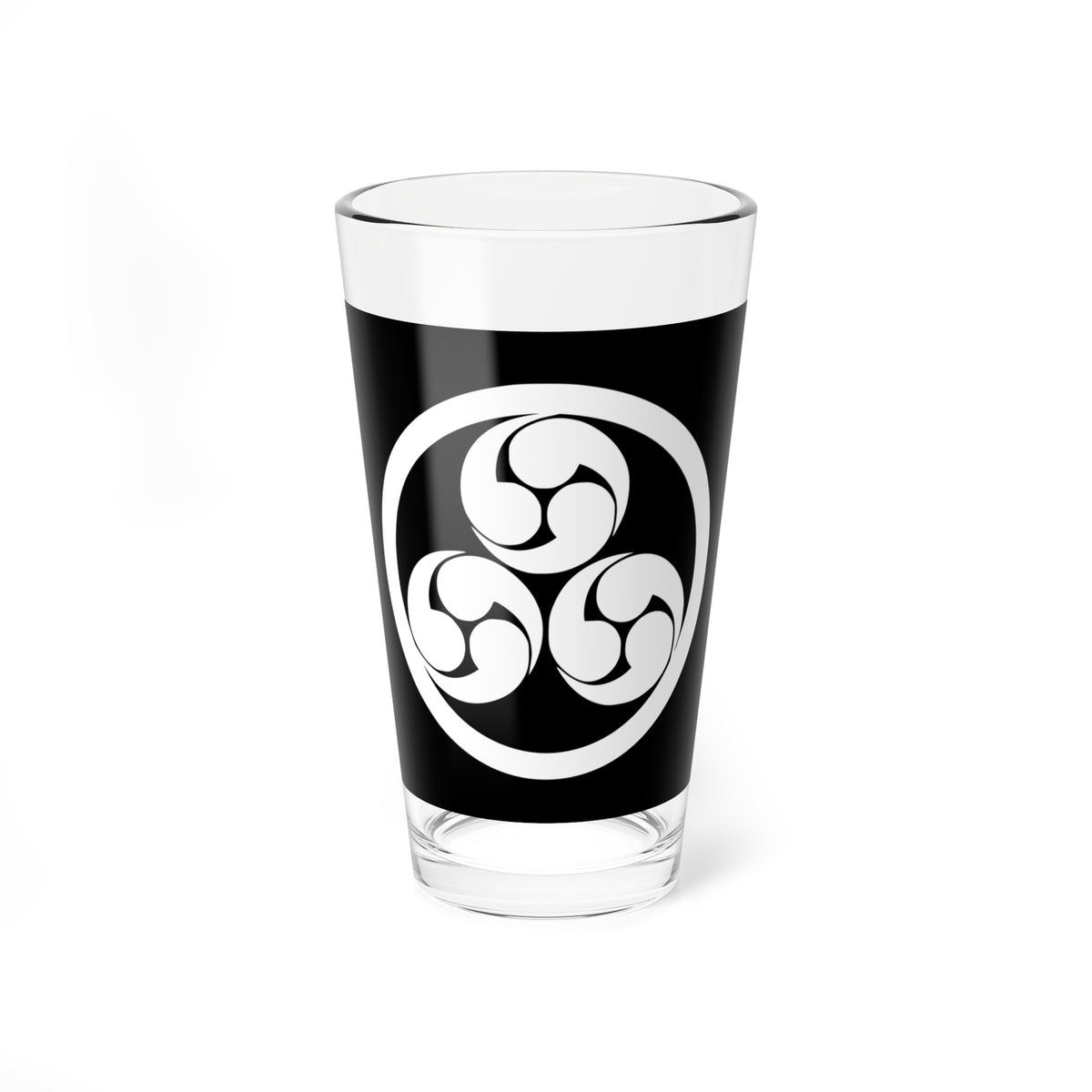 Three white comma-shaped swirls arranged in a triangle inside a thick white ring on a solid black background.