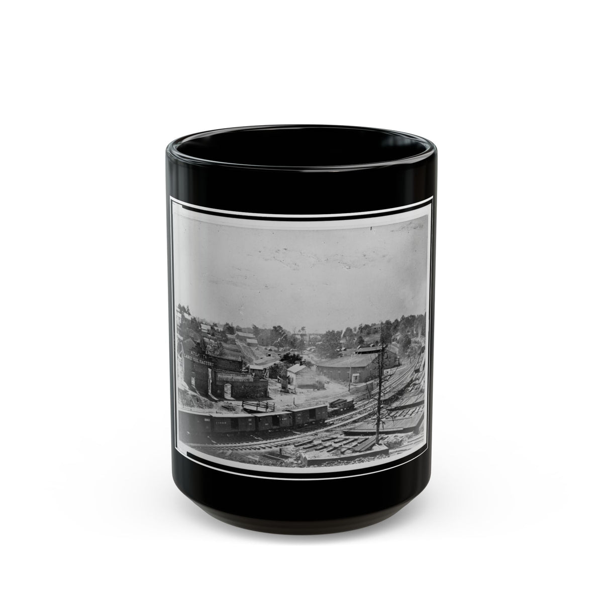 View Of Atlanta, Georgia, With Railroad Cars In Left Foreground (U.S. Civil War) Black Coffee Mug