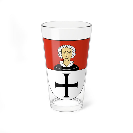 Heraldic shield split red over white, with a bust of a man in a black robe above a black cross.