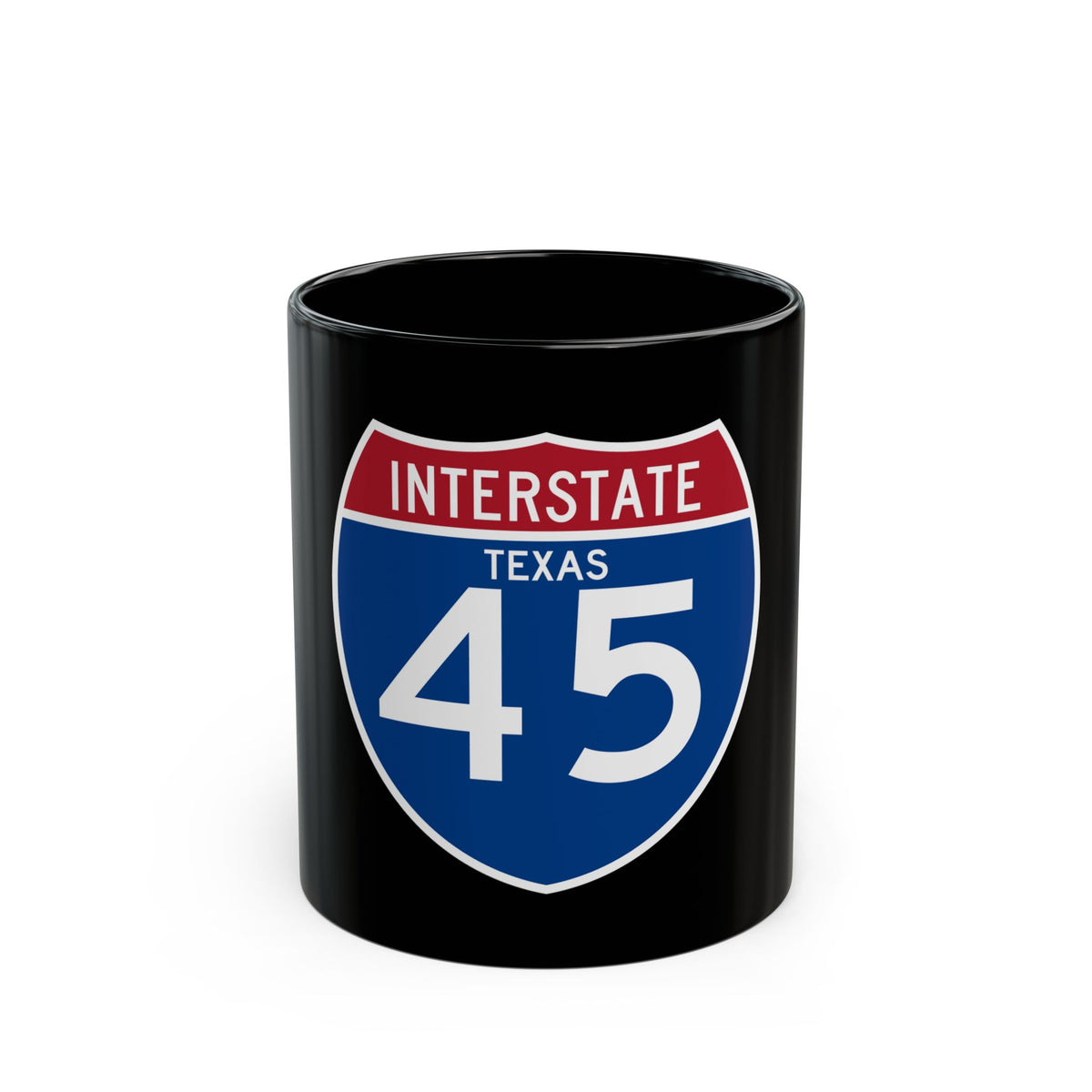 Interstate 45 Texas highway shield in blue, red and white, showing INTERSTATE, TEXAS and the route number 45.
