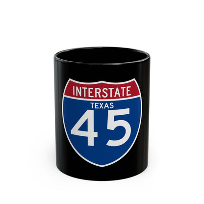 Interstate 45 Texas highway shield in blue, red and white, showing INTERSTATE, TEXAS and the route number 45.