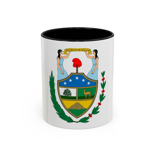 State coat of arms with two women holding a banner above a shield with five stars, a tree and a vicuna.