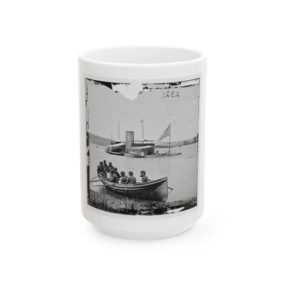 James River, Va. Monitor U.S.S. Onondaga; Soldiers In Rowboat In Foreground (U.S. Civil War) White Coffee Mug