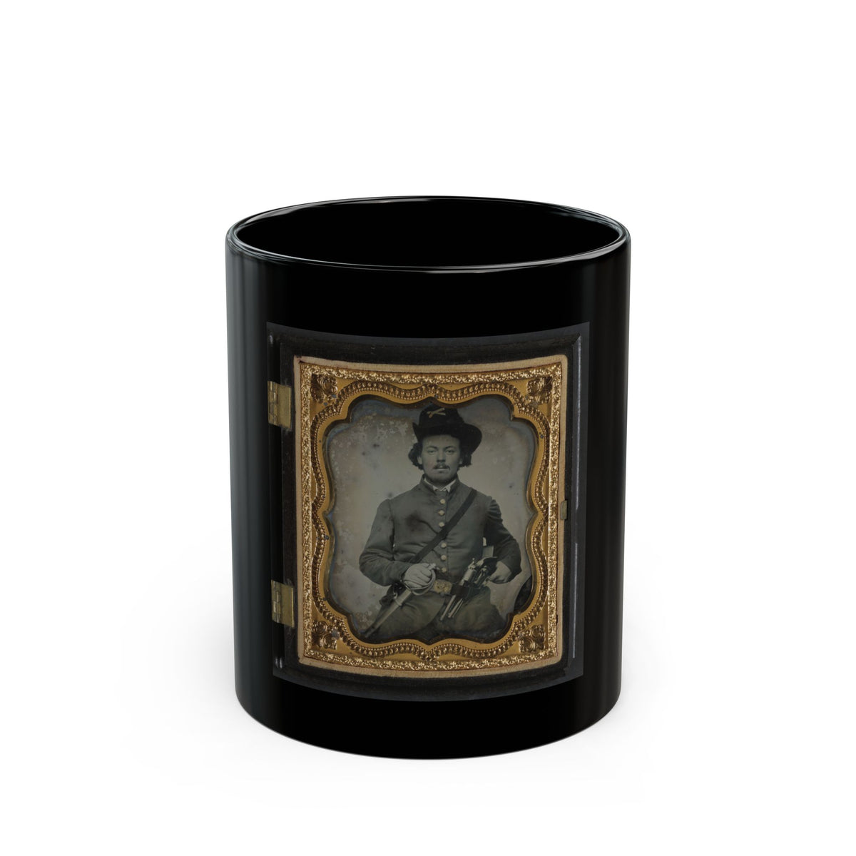 Sepia tintype of a young soldier in a slouch hat holding a sword and revolver, set in a scalloped gilt case.