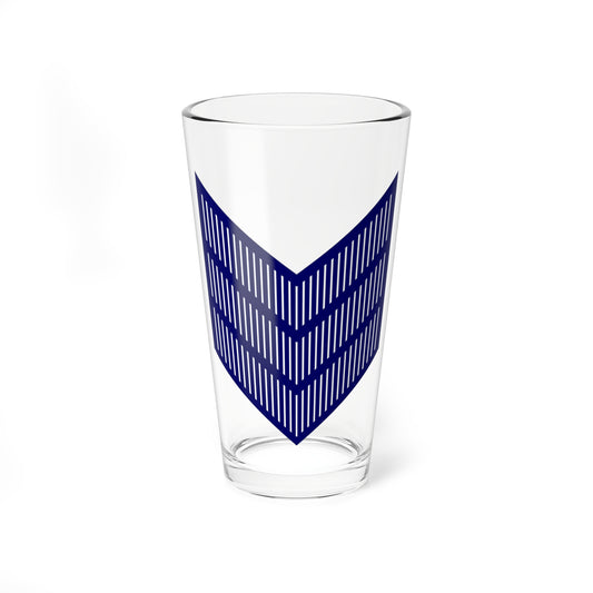 Navy triple downward chevron filled with rows of thin vertical white slits on a plain white background.