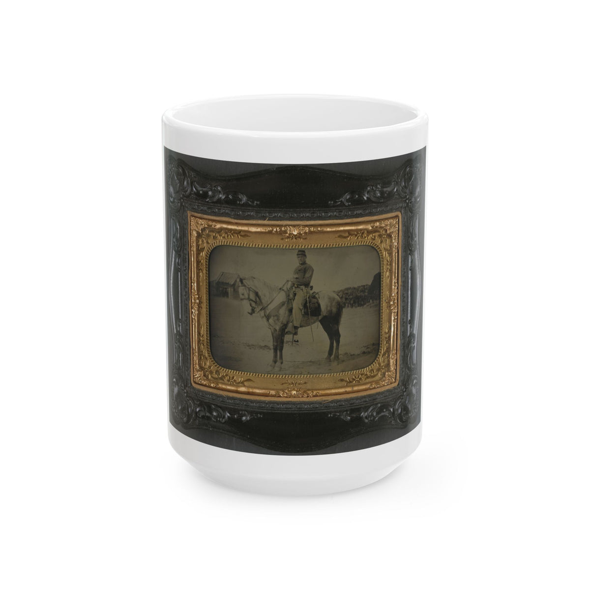 Private Levi F. Hocker Of Co. F, 17th Pennsylvania Cavalry Regiment, In Uniform With Pistol And Sword, On Horseback (U.S. Civil War) White Coffee Mug