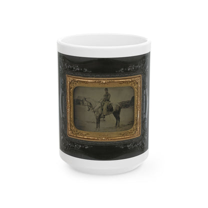 Private Levi F. Hocker Of Co. F, 17th Pennsylvania Cavalry Regiment, In Uniform With Pistol And Sword, On Horseback (U.S. Civil War) White Coffee Mug