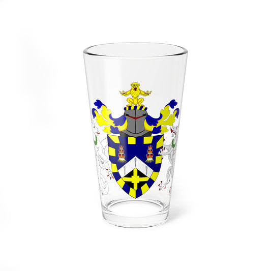 Academic coat of arms with a navy and yellow bordered shield, three crowns, and white sea horse and dragon supporters.