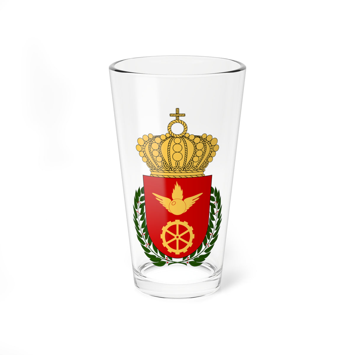 Coat of arms with a gold crown above a red shield bearing a winged flaming orb and cogwheel, framed by green laurel.