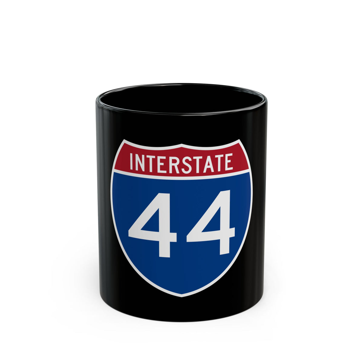 Flat vector shield of Interstate 44 with a red top band reading INTERSTATE and white numerals on dark blue.