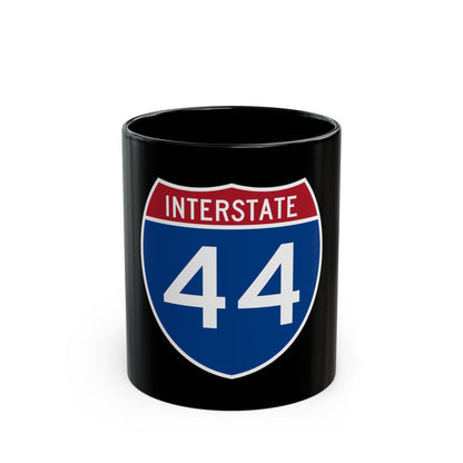 Flat vector shield of Interstate 44 with a red top band reading INTERSTATE and white numerals on dark blue.