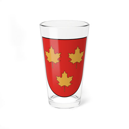 Red heraldic shield with three gold maple leaves arranged in a triangle, outlined in black.