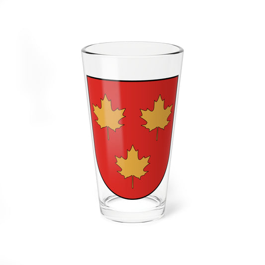 Red heraldic shield with three gold maple leaves arranged in a triangle, outlined in black.