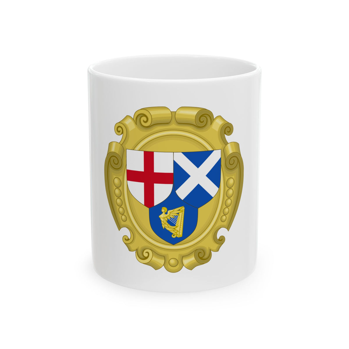 Gold scrolled cartouche holding three heraldic shields: a red cross on white, a white saltire, and a gold harp.