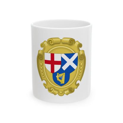 Gold scrolled cartouche holding three heraldic shields: a red cross on white, a white saltire, and a gold harp.