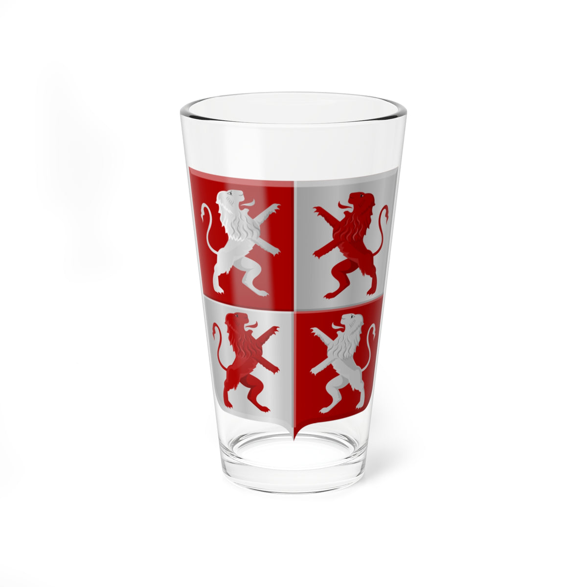 Four heraldic lions rampant in silver and red arranged in a checkerboard pattern across a quartered shield.