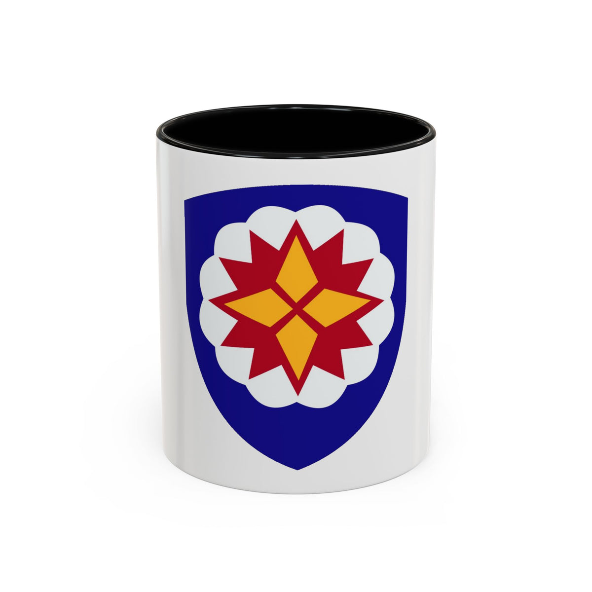 Navy shield with a white scalloped rosette enclosing a red and gold eight-pointed star in flat vector style.